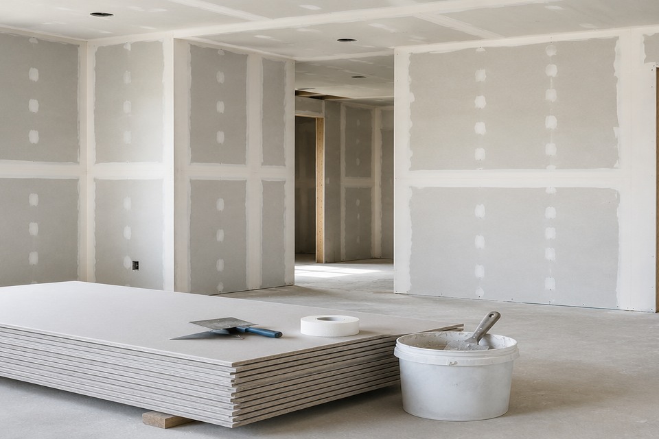 Plaques de plâtre et cloisons intérieures en cours de réalisation